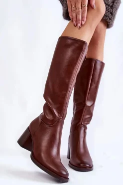 Clearance Buty Sergio Leone Damskie Skórzane Kozaki Na Słupku Brązowe Bremo