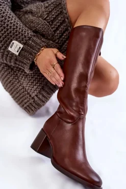 Clearance Buty Sergio Leone Damskie Skórzane Kozaki Na Słupku Brązowe Bremo