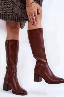 Clearance Buty Sergio Leone Damskie Skórzane Kozaki Na Słupku Brązowe Bremo