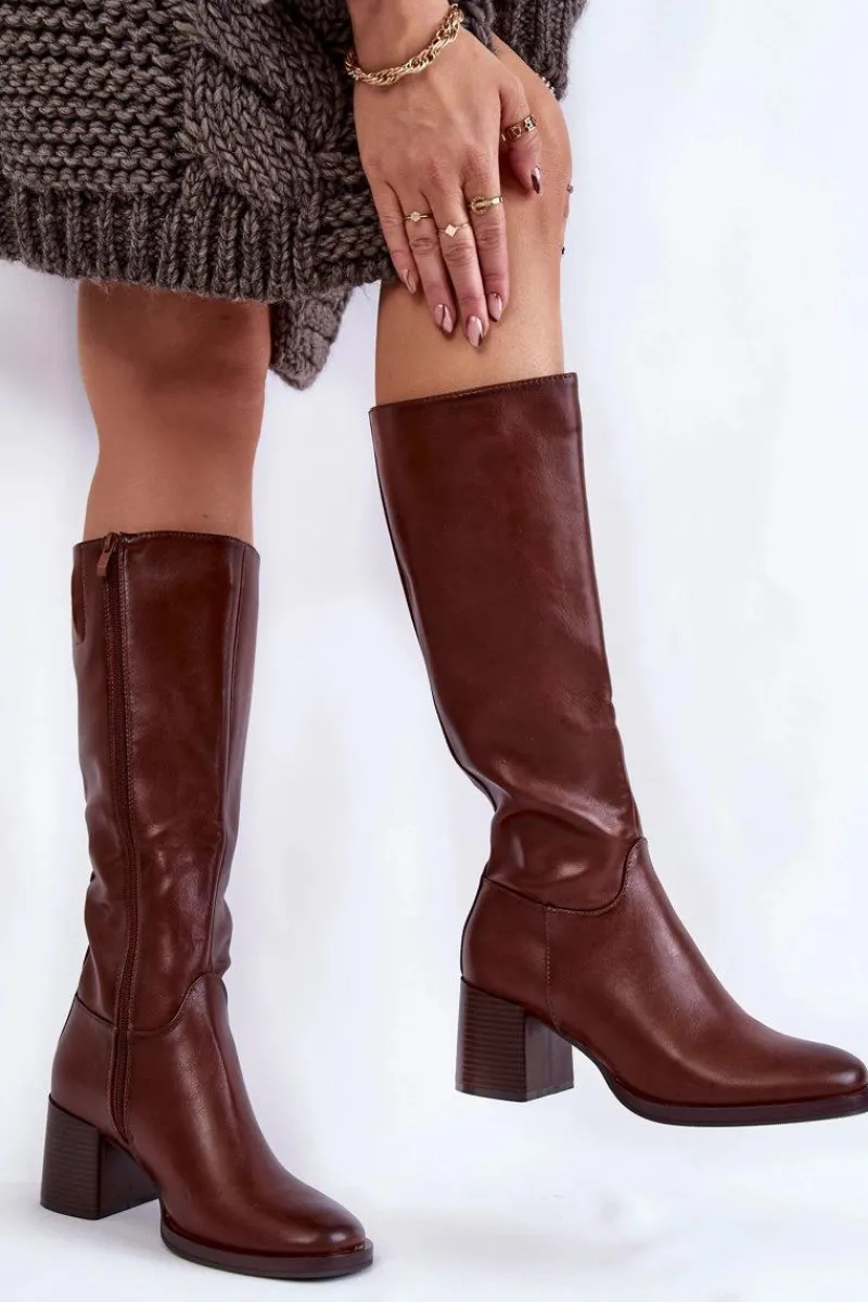 Clearance Buty Sergio Leone Damskie Skórzane Kozaki Na Słupku Brązowe Bremo