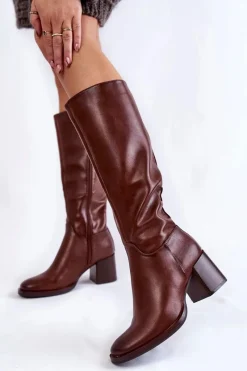 Clearance Buty Sergio Leone Damskie Skórzane Kozaki Na Słupku Brązowe Bremo