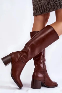 Clearance Buty Sergio Leone Damskie Skórzane Kozaki Na Słupku Brązowe Bremo