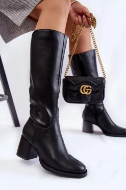 Clearance Damskie Skórzane Kozaki Na Słupku Czarne Bremo Damskie Kozaki Przed Kolano|Kozaki Na Obcasie