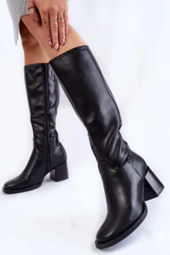 Clearance Damskie Skórzane Kozaki Na Słupku Czarne Bremo Damskie Kozaki Przed Kolano|Kozaki Na Obcasie