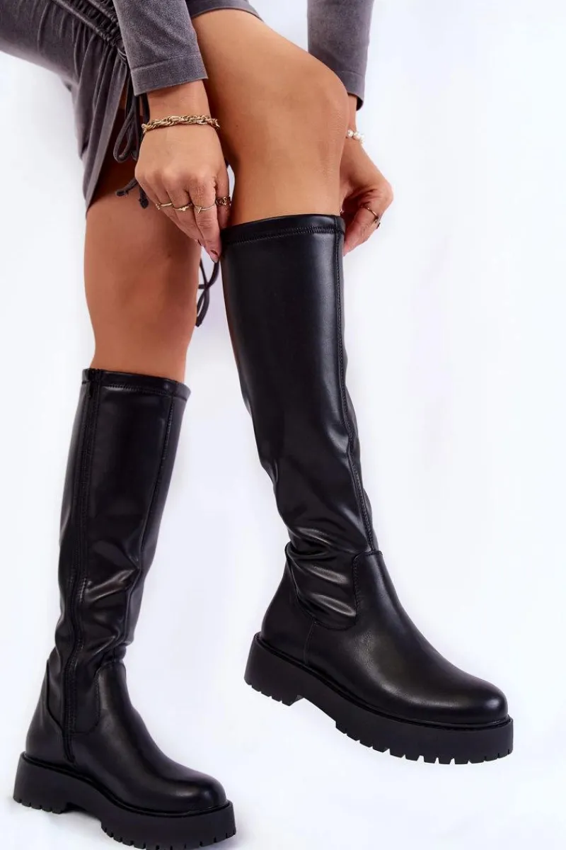 Online Damskie Skórzane Kozaki Na Platformie Czarne Aretha Damskie Kozaki Płaskie|Kozaki Przed Kolano