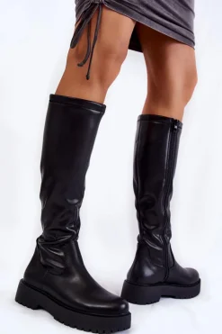 Online Damskie Skórzane Kozaki Na Platformie Czarne Aretha Damskie Kozaki Płaskie|Kozaki Przed Kolano