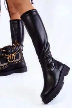 Online Damskie Skórzane Kozaki Na Platformie Czarne Aretha Damskie Kozaki Płaskie|Kozaki Przed Kolano