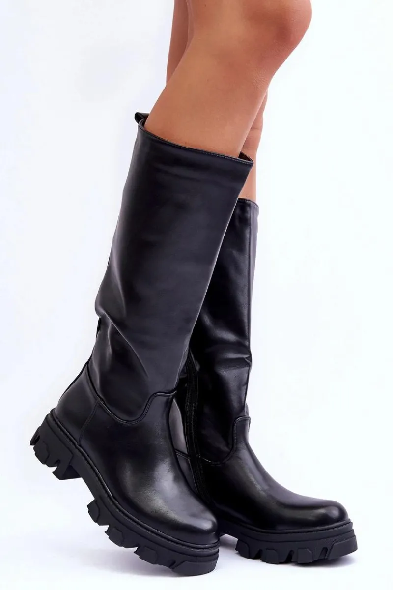 New Damskie Skórzane Kozaki Oficerki Na Płaskim Obcasie Czarne Nenet Damskie Kozaki Płaskie|Kozaki Przed Kolano