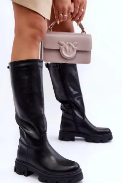 New Damskie Skórzane Kozaki Oficerki Na Płaskim Obcasie Czarne Nenet Damskie Kozaki Płaskie|Kozaki Przed Kolano