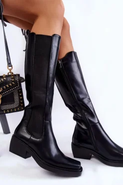 Kozaki Wiosenne|Kozaki Płaskie>Boto Damskie Skórzane Kozaki Oficerki Czarne Larsen