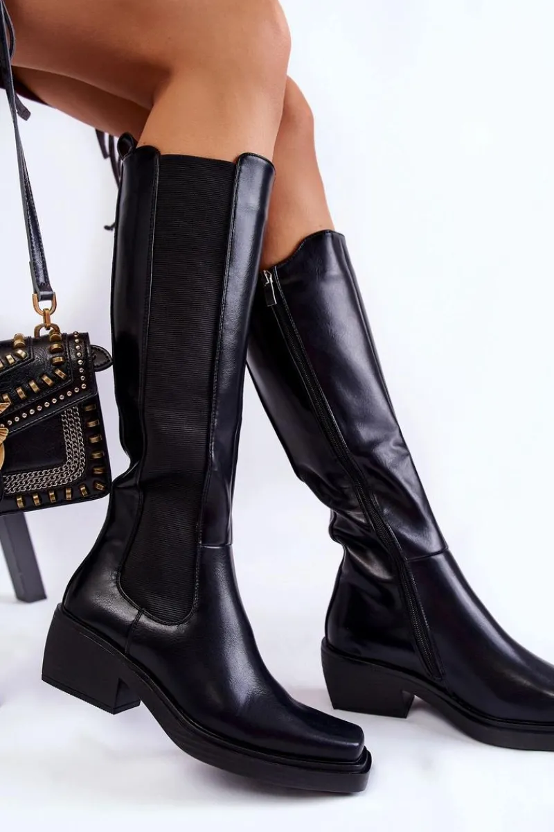 Kozaki Wiosenne|Kozaki Płaskie>Boto Damskie Skórzane Kozaki Oficerki Czarne Larsen