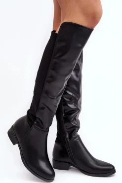 Kozaki Ocieplane|Kozaki Płaskie>Damskie buty S.Barski Damskie Skórzane Kozaki Przed Kolano S.Barski HY27098A Czarne Czarny