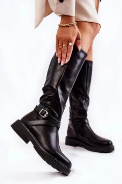 Online Damskie Skórzane Kozaki Z Paskiem Czarne Liese Damskie Kozaki Płaskie|Kozaki Przed Kolano