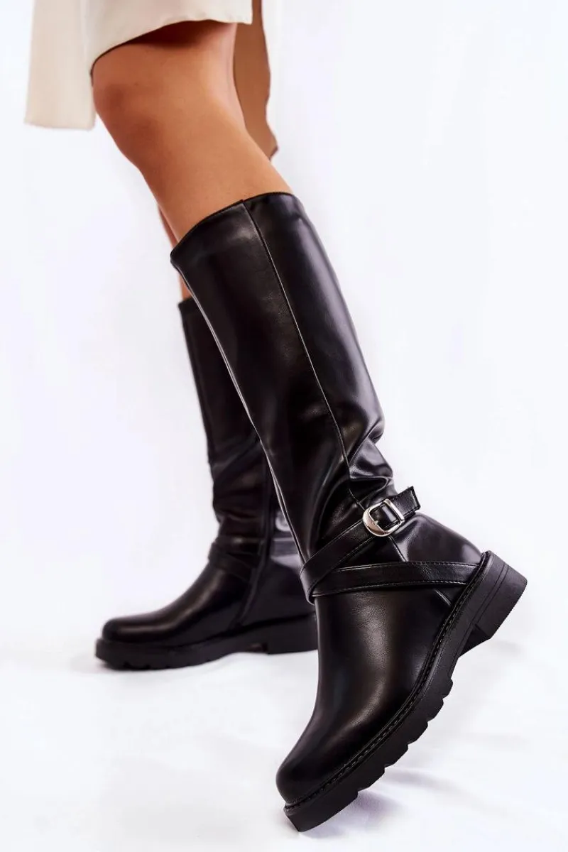 Online Damskie Skórzane Kozaki Z Paskiem Czarne Liese Damskie Kozaki Płaskie|Kozaki Przed Kolano