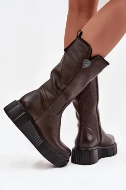 Online Zazoo Damskie Skórzane Kozaki Z Wełną 70121 Czekoladowe Brązowy
