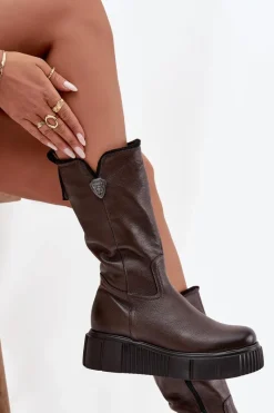 Online Zazoo Damskie Skórzane Kozaki Z Wełną 70121 Czekoladowe Brązowy