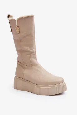 Hot Damskie Skórzane Kozaki Z Wełną 70121 Beżowe Damskie Kozaki Ocieplane|Kozaki Na Koturnie