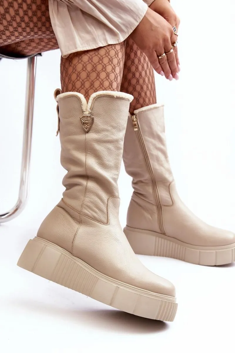 Hot Damskie Skórzane Kozaki Z Wełną 70121 Beżowe Damskie Kozaki Ocieplane|Kozaki Na Koturnie