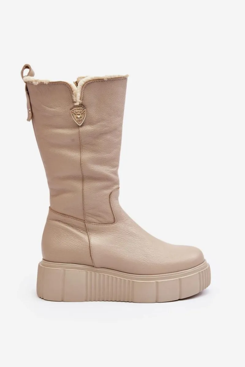 Hot Damskie Skórzane Kozaki Z Wełną 70121 Beżowe Damskie Kozaki Ocieplane|Kozaki Na Koturnie