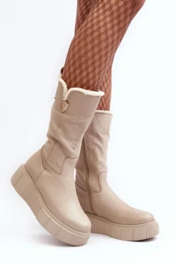 Hot Damskie Skórzane Kozaki Z Wełną 70121 Beżowe Damskie Kozaki Ocieplane|Kozaki Na Koturnie