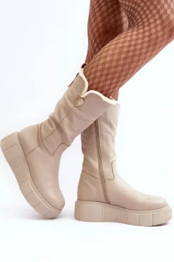 Hot Damskie Skórzane Kozaki Z Wełną 70121 Beżowe Damskie Kozaki Ocieplane|Kozaki Na Koturnie