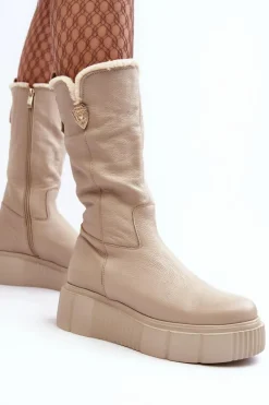 Hot Damskie Skórzane Kozaki Z Wełną 70121 Beżowe Damskie Kozaki Ocieplane|Kozaki Na Koturnie