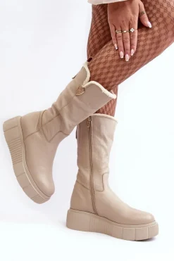 Hot Damskie Skórzane Kozaki Z Wełną 70121 Beżowe Damskie Kozaki Ocieplane|Kozaki Na Koturnie
