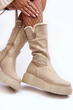 Hot Damskie Skórzane Kozaki Z Wełną 70121 Beżowe Damskie Kozaki Ocieplane|Kozaki Na Koturnie