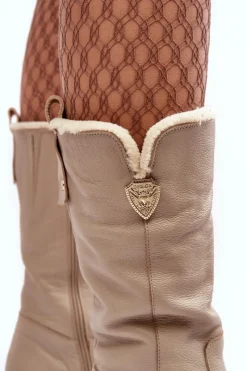 Hot Damskie Skórzane Kozaki Z Wełną 70121 Beżowe Damskie Kozaki Ocieplane|Kozaki Na Koturnie