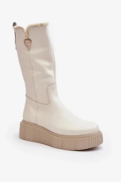 Kozaki Na Koturnie|Kozaki Przed Kolano>Zazoo Damskie Skórzane Kozaki Z Wełną Kremowe Bayla