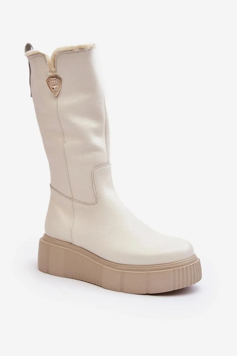 Kozaki Na Koturnie|Kozaki Przed Kolano>Zazoo Damskie Skórzane Kozaki Z Wełną Kremowe Bayla