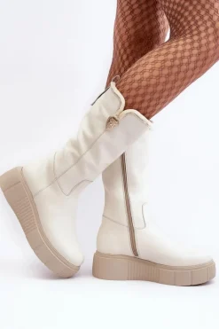 Kozaki Na Koturnie|Kozaki Przed Kolano>Zazoo Damskie Skórzane Kozaki Z Wełną Kremowe Bayla