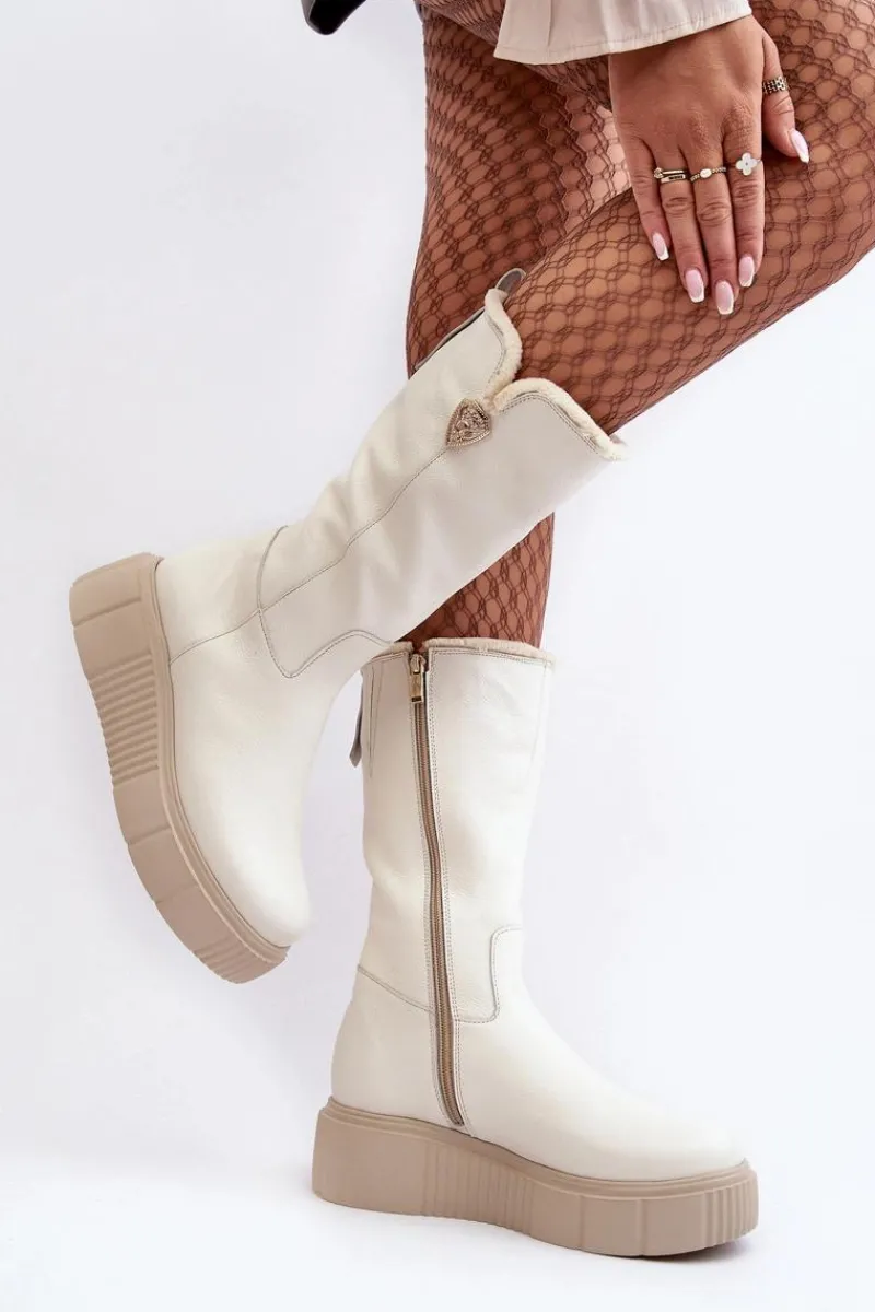 Kozaki Na Koturnie|Kozaki Przed Kolano>Zazoo Damskie Skórzane Kozaki Z Wełną Kremowe Bayla