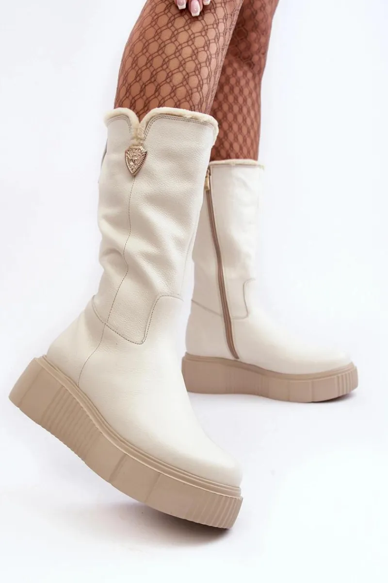 Kozaki Na Koturnie|Kozaki Przed Kolano>Zazoo Damskie Skórzane Kozaki Z Wełną Kremowe Bayla