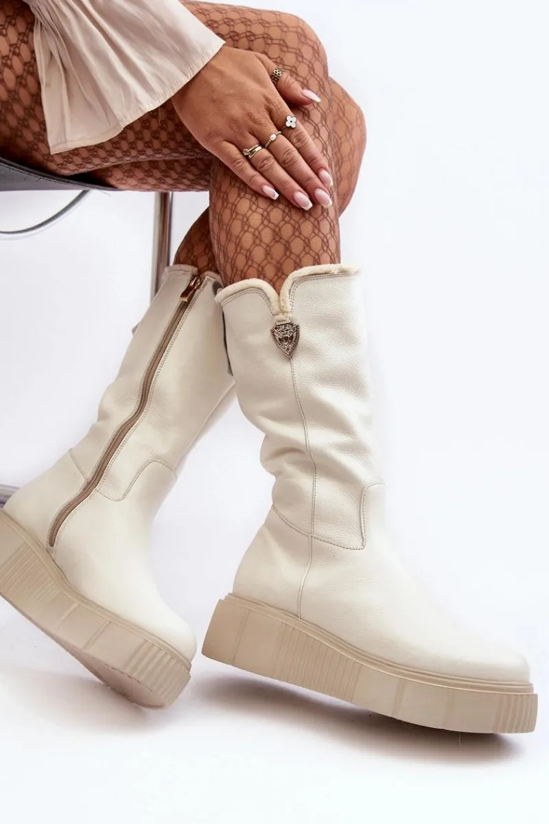 Kozaki Na Koturnie|Kozaki Przed Kolano>Zazoo Damskie Skórzane Kozaki Z Wełną Kremowe Bayla