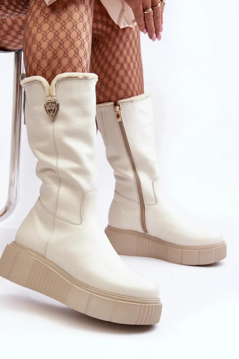 Kozaki Na Koturnie|Kozaki Przed Kolano>Zazoo Damskie Skórzane Kozaki Z Wełną Kremowe Bayla