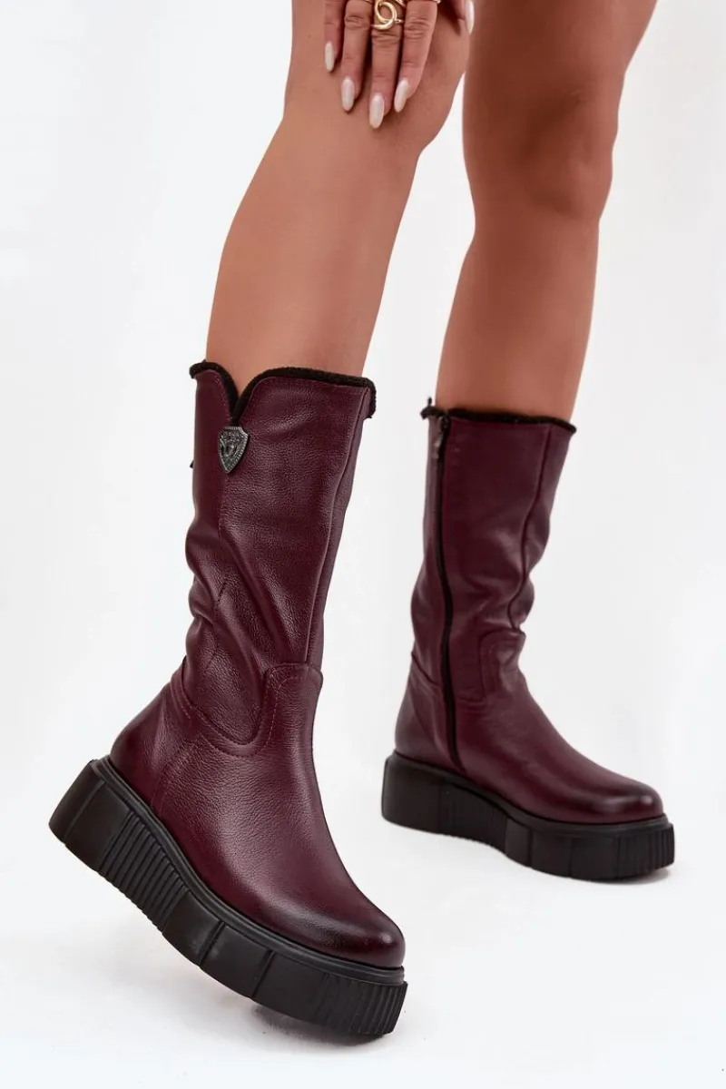 Kozaki Ocieplane|Kozaki Na Koturnie>Zazoo Damskie Skórzane Kozaki Z Wełną 70121 Bordowe Czerwony