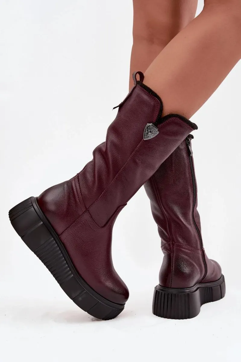 Kozaki Ocieplane|Kozaki Na Koturnie>Zazoo Damskie Skórzane Kozaki Z Wełną 70121 Bordowe Czerwony