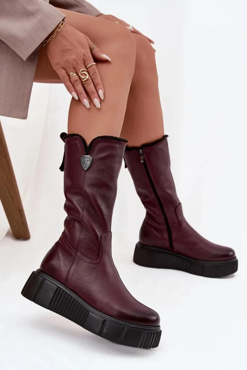 Kozaki Ocieplane|Kozaki Na Koturnie>Zazoo Damskie Skórzane Kozaki Z Wełną 70121 Bordowe Czerwony
