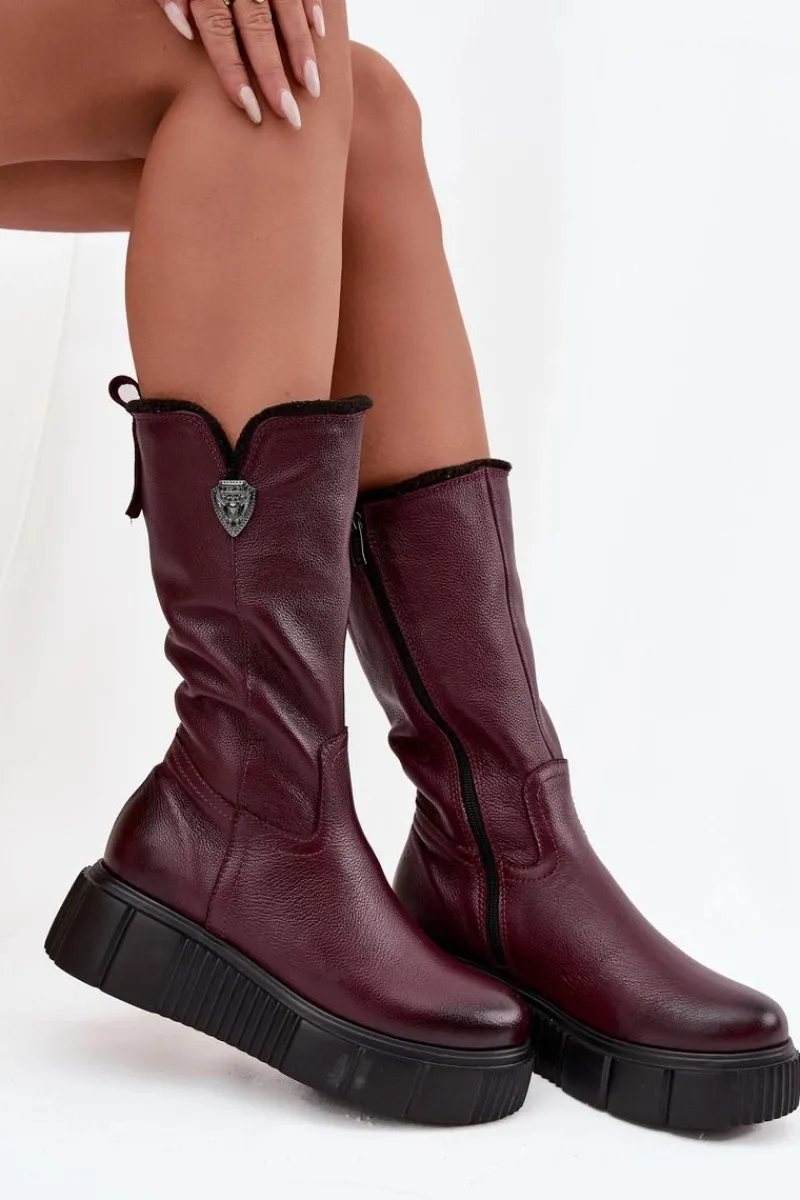 Kozaki Ocieplane|Kozaki Na Koturnie>Zazoo Damskie Skórzane Kozaki Z Wełną 70121 Bordowe Czerwony