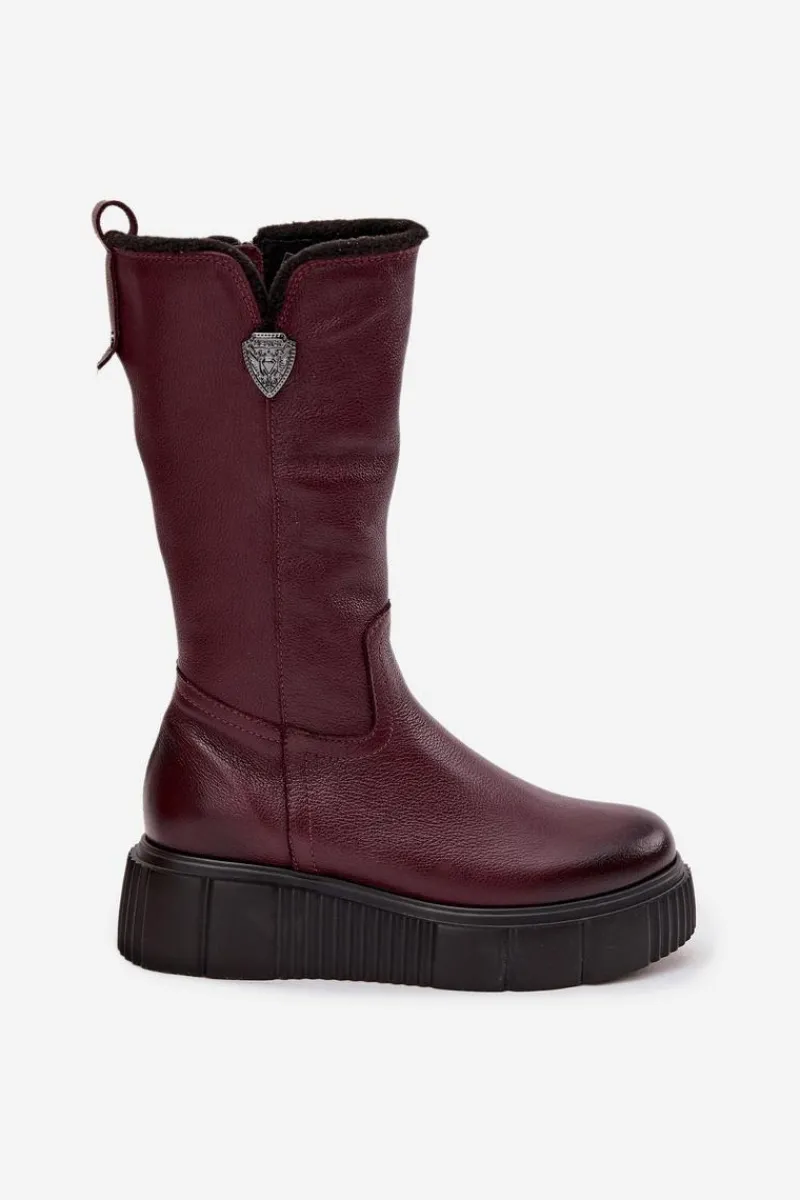 Kozaki Ocieplane|Kozaki Na Koturnie>Zazoo Damskie Skórzane Kozaki Z Wełną 70121 Bordowe Czerwony