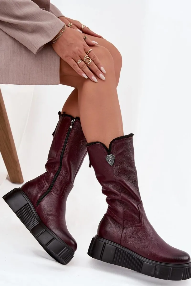 Kozaki Ocieplane|Kozaki Na Koturnie>Zazoo Damskie Skórzane Kozaki Z Wełną 70121 Bordowe Czerwony