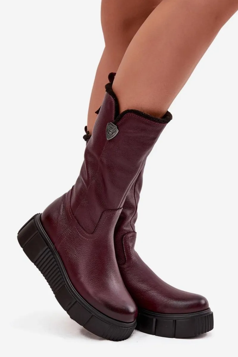Kozaki Ocieplane|Kozaki Na Koturnie>Zazoo Damskie Skórzane Kozaki Z Wełną 70121 Bordowe Czerwony