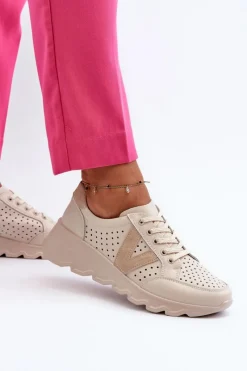 Damskie Skórzane Lekkie Buty Sportowe Beżowe Eleonori Damskie Sneakersy Damskie