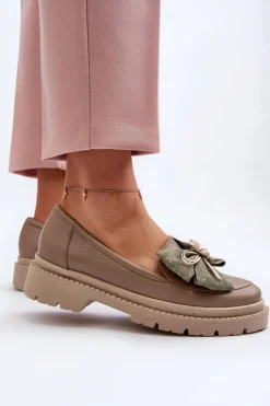 Loafersy Damskie|Mokasyny Płaskie></noscript>Laura Messi Damskie Skórzane Mokasyny Z Kokardą 2787 Beżowe Beżowy