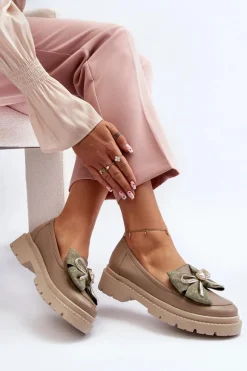 Loafersy Damskie|Mokasyny Płaskie></noscript>Laura Messi Damskie Skórzane Mokasyny Z Kokardą 2787 Beżowe Beżowy