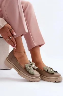 Loafersy Damskie|Mokasyny Płaskie></noscript>Laura Messi Damskie Skórzane Mokasyny Z Kokardą 2787 Beżowe Beżowy