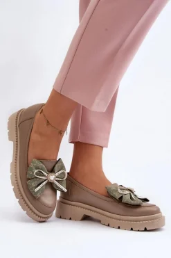 Loafersy Damskie|Mokasyny Płaskie></noscript>Laura Messi Damskie Skórzane Mokasyny Z Kokardą 2787 Beżowe Beżowy