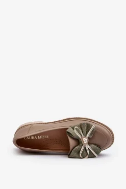 Loafersy Damskie|Mokasyny Płaskie></noscript>Laura Messi Damskie Skórzane Mokasyny Z Kokardą 2787 Beżowe Beżowy