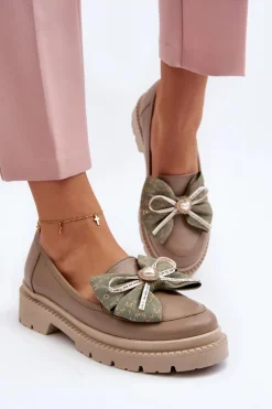 Loafersy Damskie|Mokasyny Płaskie></noscript>Laura Messi Damskie Skórzane Mokasyny Z Kokardą 2787 Beżowe Beżowy